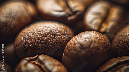 Artful Macro Photograph of Freshly Roasted Organic Coffee Beans with Warm Tones and Delicate Highlights