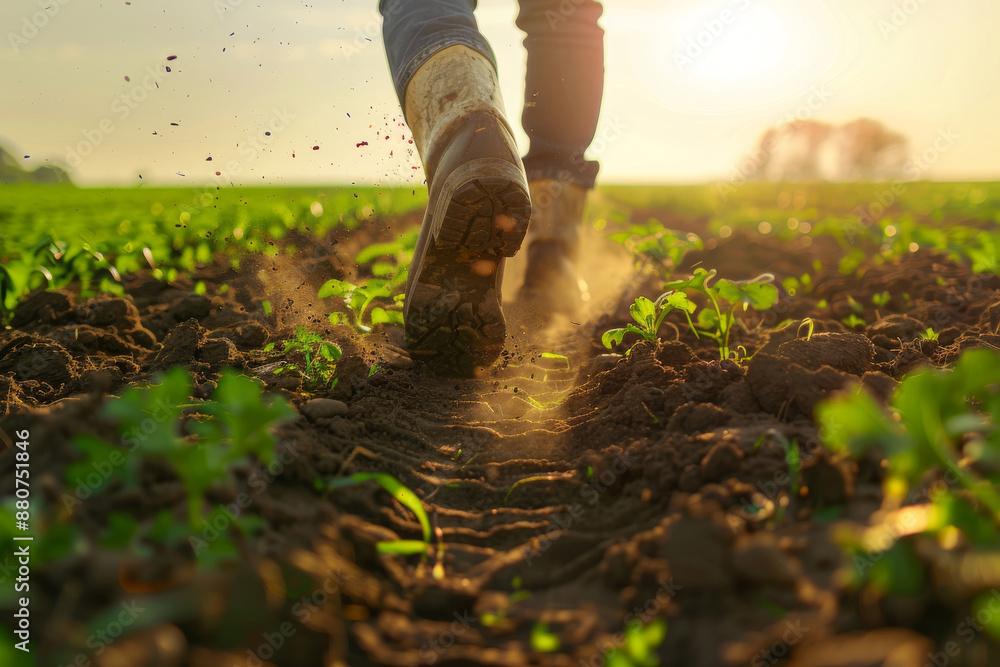 A farmer walking in a field a low angle shot A farmer walking in a field a low angle shot