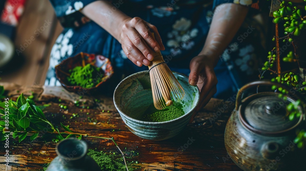 Close up shot of a person's hands whisking matcha powder in a bowl, with a bamboo whisk and tea accessories Close up shot of a person's hands whisking matcha powder in a bowl, with a bamboo whisk and tea accessories