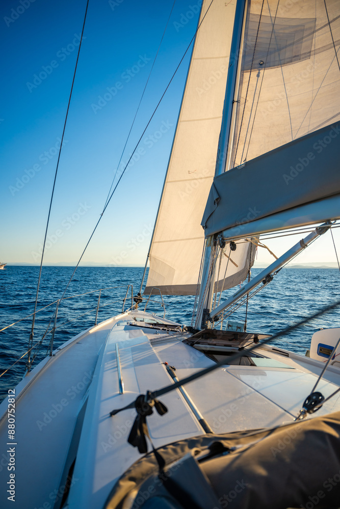 Obraz premium Yacht sailing in an open sea. Close-up view of the deck, mast and sails. Yachting concept