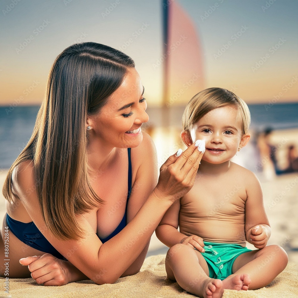 Fototapeta premium Mama i dziecko na plaży. Mama smaruje twarz dziecka kremem przeciwsłonecznym