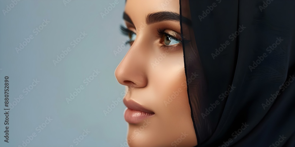 Young Muslim woman in black hijab looking ahead against grey studio backdrop. Concept Photography, Portrait, Muslim Woman, Hijab, Studio Background Young Muslim woman in black hijab looking ahead against grey studio backdrop. Concept Photography, Portrait, Muslim Woman, Hijab, Studio Background