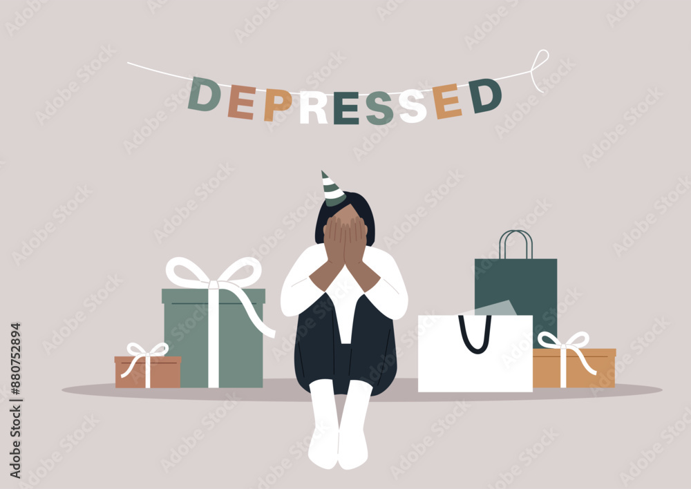 A person sits surrounded by presents, their face hidden in their hands, overwhelmed by the weight of a celebration they don't feel A person sits surrounded by presents, their face hidden in their hands, overwhelmed by the weight of a celebration they don't feel