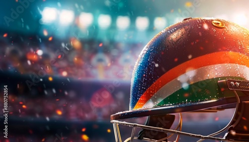 Cricket Helmet with Indian Flag on Stadium Grass