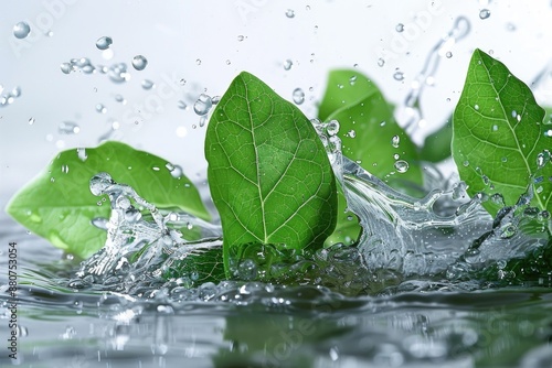 A natural scene of green leaves floating on the surface of a body of water, creating ripples and waves