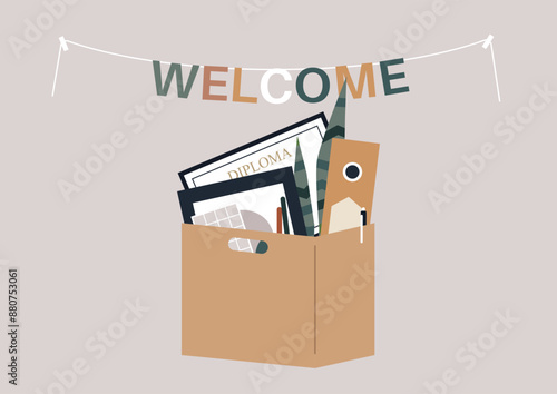 A new beginning, A cardboard box filled with diplomas, plants, and other supplies sits under a welcome banner, signifying a fresh start and new opportunities