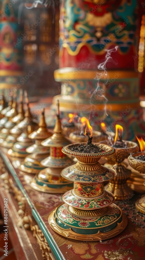 Ornate golden vessels with burning incense and flames in a Tibetan temple Ornate golden vessels with burning incense and flames in a Tibetan temple