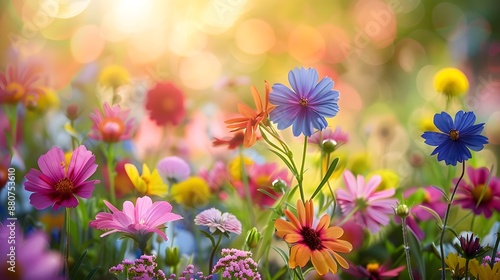 A vibrant garden filled with colorful wildflowers, blooming in the warm sunlight of springtime. creating an enchanting scene that captures nature's beauty at its most lush.