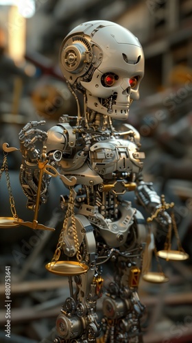 A metallic robot stands with a skeletal head and red eyes, holding a pair of scales of justice in its arms