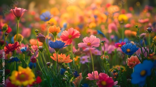 A vibrant garden filled with colorful wildflowers, blooming in the warm sunlight of springtime. creating an enchanting scene that captures nature's beauty at its most lush.
