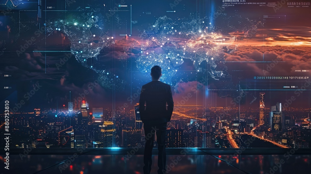 Successful Corporate Leader Grasping Worldwide Connectivity System with Futuristic Urban Cityscape Backdrop Successful Corporate Leader Grasping Worldwide Connectivity System with Futuristic Urban Cityscape Backdrop