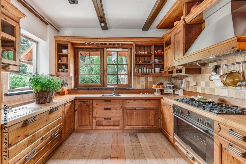 Wooden Kitchen. Bright and Modern Design with Wooden Cupboards Wooden Kitchen. Bright and Modern Design with Wooden Cupboards