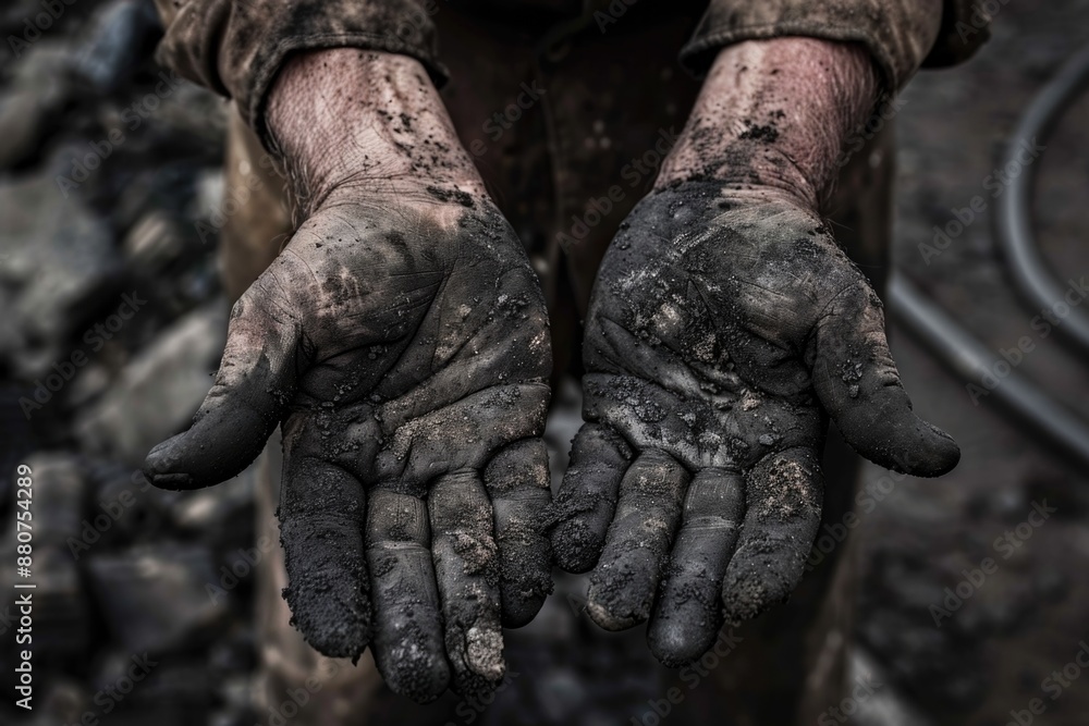 Worker Hands. Man at Work in Coal Mining Industry with Dirty Black Hands Worker Hands. Man at Work in Coal Mining Industry with Dirty Black Hands