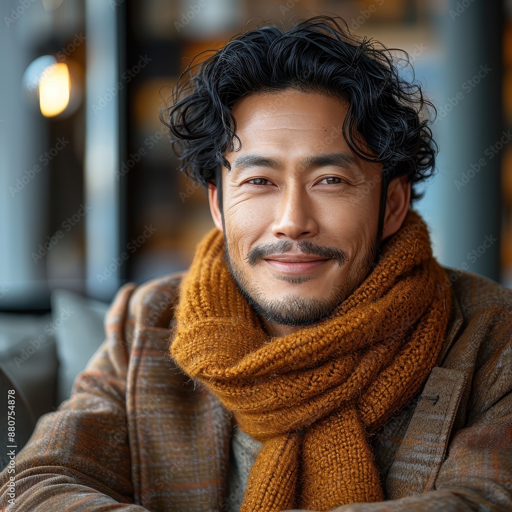 Smiling man with curly hair wearing a warm scarf and cozy sweater, sitting in a relaxed cafe setting. Smiling man with curly hair wearing a warm scarf and cozy sweater, sitting in a relaxed cafe setting.