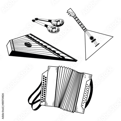 Musical instruments. Russian musical instruments. Accordion, wooden spoons, gusli, balalaika hand-drawn in vector. Suitable for invitations, cards. International Music Day 2024.