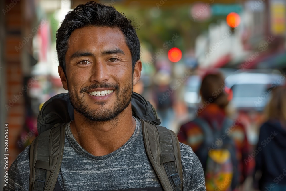 Smiling young man with backpack enjoying city street on an adventure. Vibrant urban background with people and lights. Smiling young man with backpack enjoying city street on an adventure. Vibrant urban background with people and lights.