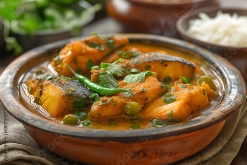 A steaming plate of Hilsa Fish Curry, also known as Ilish Bhapa, featuring tender Hilsa fish pieces cooked in a rich mustard sauce photo