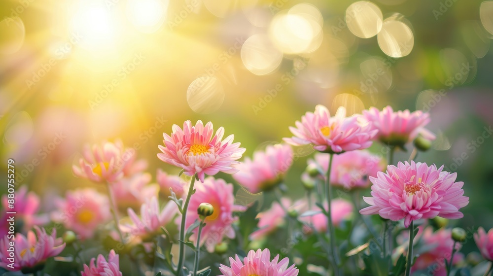 Fototapeta premium Pink Chrysanthemum blooming in evening sunlight for natural background concept