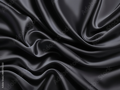 Black silk background with dark luxurious fabric draped texture folds in waves of flowing soft pattern, abstract satin or velvet cloth in luxury material design. ai