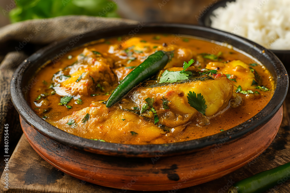 A steaming plate of Hilsa Fish Curry, also known as Ilish Bhapa, featuring tender Hilsa fish pieces cooked in a rich and aromatic mustard sauce A steaming plate of Hilsa Fish Curry, also known as Ilish Bhapa, featuring tender Hilsa fish pieces cooked in a rich and aromatic mustard sauce