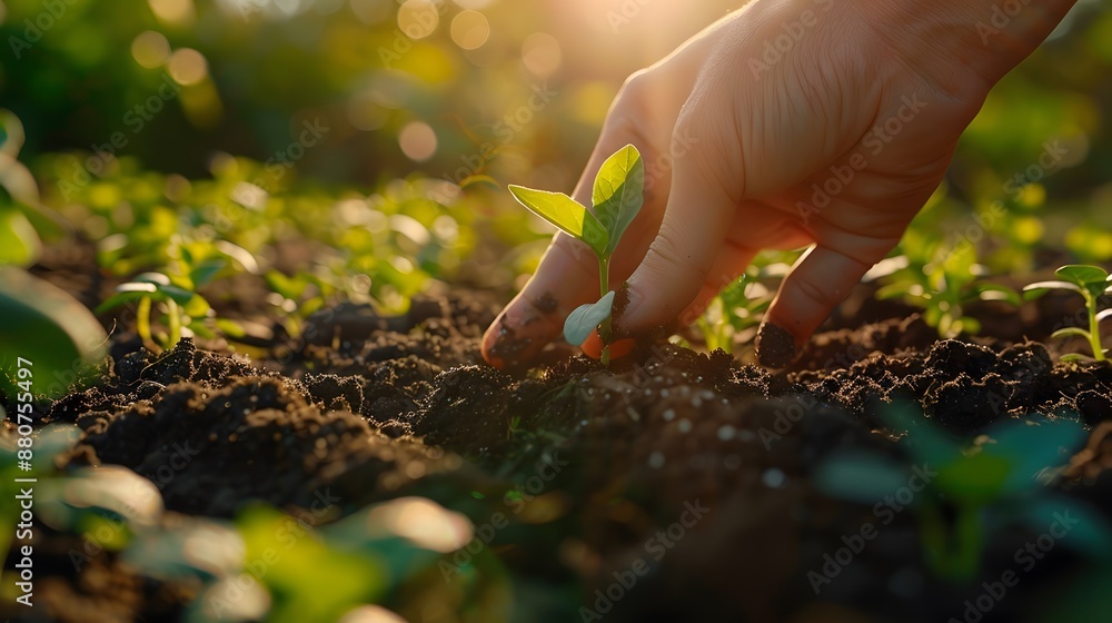 Fototapeta premium Fingers of a gardener gently planting a seedling in fertile soil, perspective shot with a wide-angle lens capturing the earthy tones and natural sunlight of the outdoor setting.