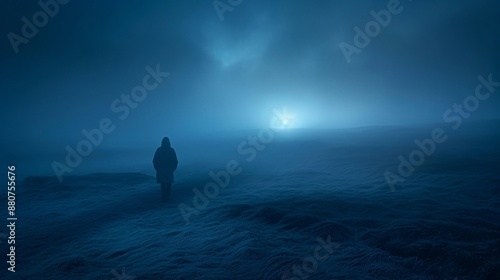 Solitary person engulfed by darkness radiating a sense of utter despair with barely perceptible light in the distance enhancing the feeling of isolation and helplessness