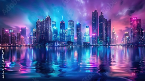 Majestic Cityscape Under Colorful Night Sky Illuminated Skyscrapers Mirrored in Rippling Water