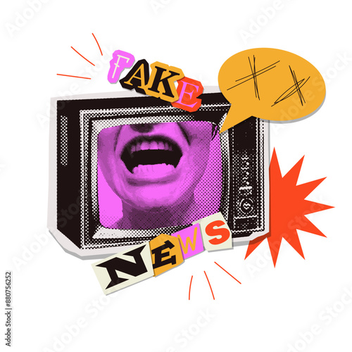 Fake news Trendy Retro collage with screaming face in TV with halftone effect and speech bubble, cutout paper text. Vector Elements for banners, posters, social networks.