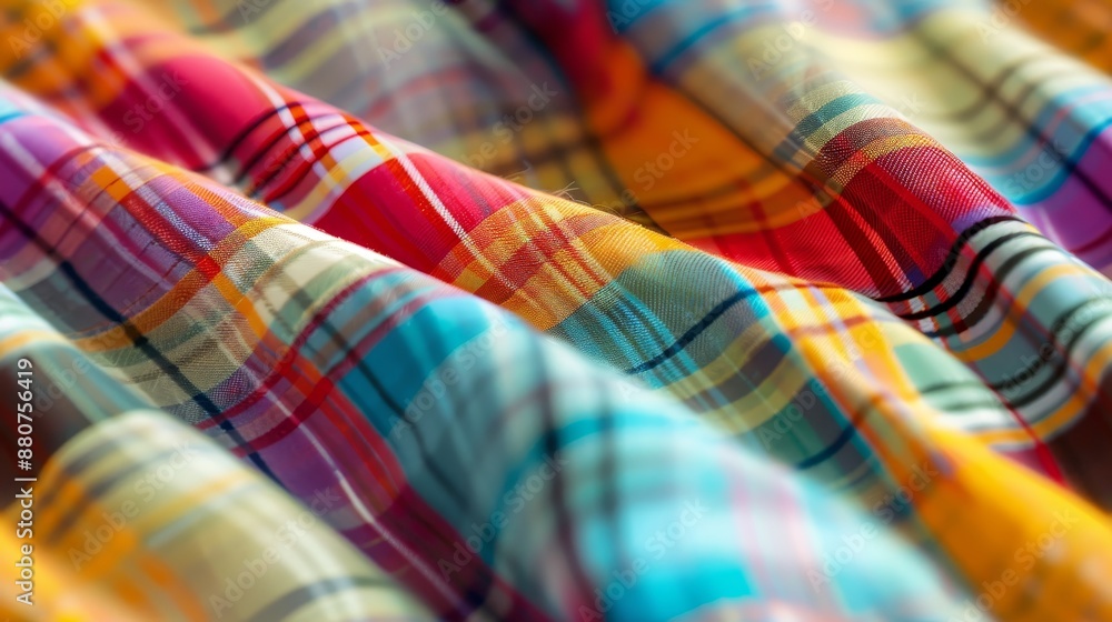 Close-up of colorful plaid fabric creating a vibrant, textured pattern. Ideal for backgrounds, textiles, and fashion designs. Close-up of colorful plaid fabric creating a vibrant, textured pattern. Ideal for backgrounds, textiles, and fashion designs.