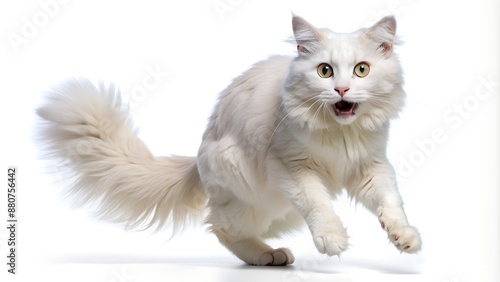 Fluffy white cat running with mouth open and eyes wide in surprise photo