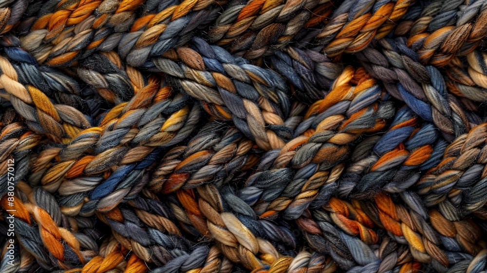 Close-up view of colorful braided ropes, showcasing an intricate pattern and texture in various shades of blue and orange. Close-up view of colorful braided ropes, showcasing an intricate pattern and texture in various shades of blue and orange.