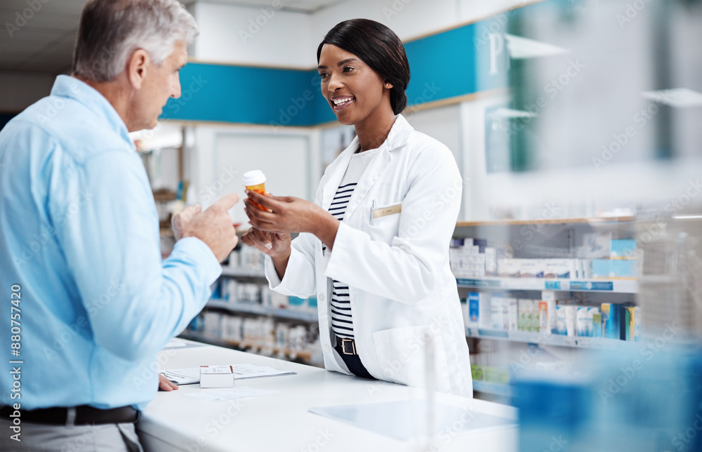 Pills, assistance and pharmacist with man by counter for prescription medication for treatment. Discussion, medicine and female healthcare worker with mature patient for tablets in drugstore chemist. Pills, assistance and pharmacist with man by counter for prescription medication for treatment. Discussion, medicine and female healthcare worker with mature patient for tablets in drugstore chemist.