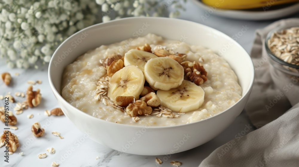 Creamy oatmeal porridge with banana slices, walnuts, and oats in a white bowl on marble surface Creamy oatmeal porridge with banana slices, walnuts, and oats in a white bowl on marble surface