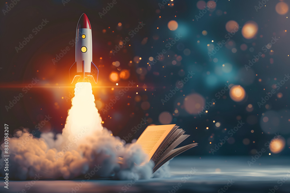 Naklejka premium innovative rocket launch flying high from opening bright lightbulb idea concept new idea concept with innovation and inspiration startup innovation with new ideas and creative 3d rendering