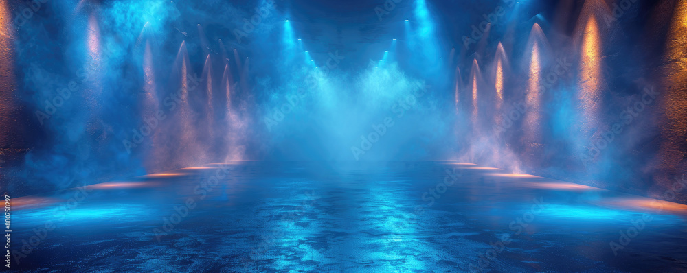 Naklejka premium Empty room, stage filled with smoke and illuminated with blue and yellow light, copy space.