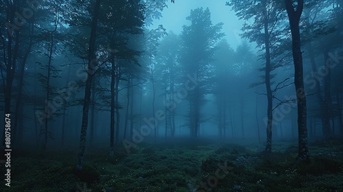 Enchanted forest with dense fog, eerie glow, and mysterious shadows