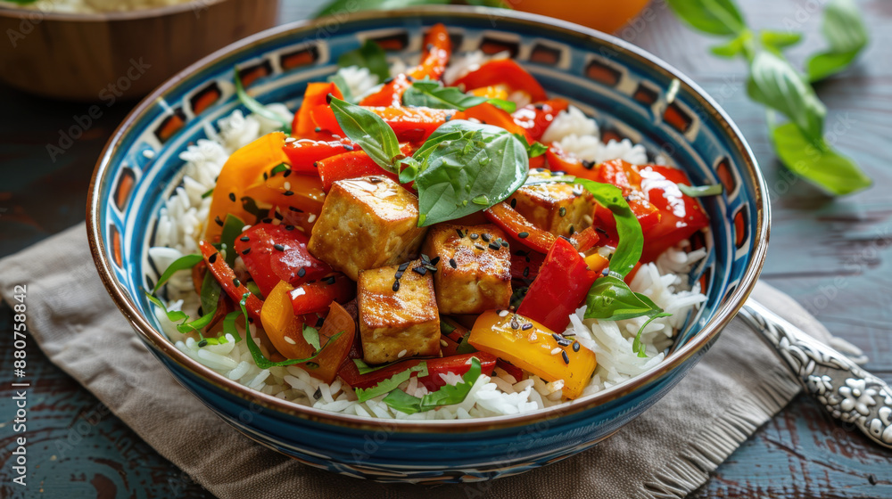 Vibrant tofu stir-fry with colorful bell peppers on a bed of jasmine rice in a blue ceramic bowl Vibrant tofu stir-fry with colorful bell peppers on a bed of jasmine rice in a blue ceramic bowl