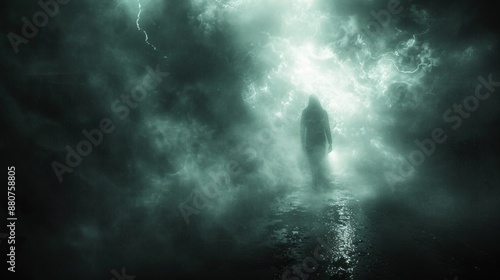 Ghostly figure emerging from a foggy forest with shadowy trees