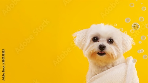 A white dog is sitting in a towel on a yellow background photo