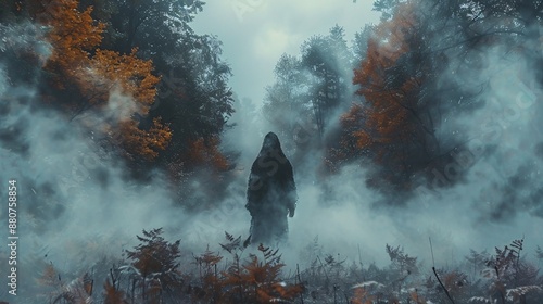 Ghostly figure emerging from a foggy forest with shadowy trees