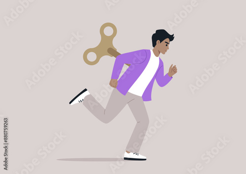 A character with a clockwork key in their back runs with determined steps, their face set in a focused expression