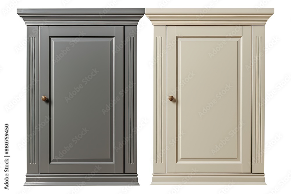 Cabinet door samples in market in a row. Gray and beige Kitchen wooden cabinet door, brass handles, furniture isolated on white. Chic look in the room. Trendy interior units. Home improvement concept. Cabinet door samples in market in a row. Gray and beige Kitchen wooden cabinet door, brass handles, furniture isolated on white. Chic look in the room. Trendy interior units. Home improvement concept.