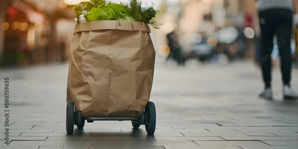 Obraz premium The Future of Automation in the Tech Industry Robot Courier Service Delivering Groceries. Concept Automation in Manufacturing, Robotics in Tech, Autonomous Delivery Services