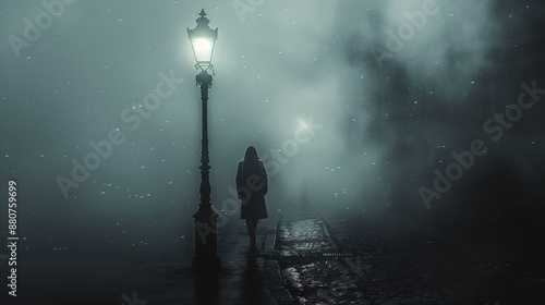 Mysterious shadowy figure standing under a flickering streetlamp in a deserted street © Xenter