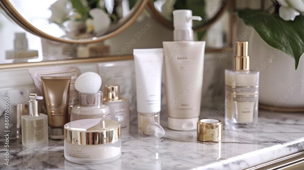 Skincare products displayed on marble counter Skincare products displayed on marble counter