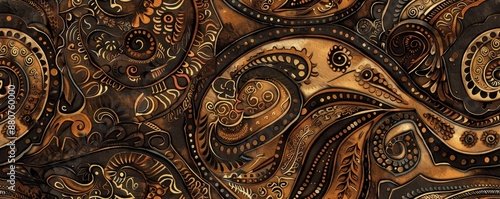 Intricate abstract pattern with earthy tones, displaying detailed swirls and paisley-like designs, perfect for backgrounds or artistic projects. photo