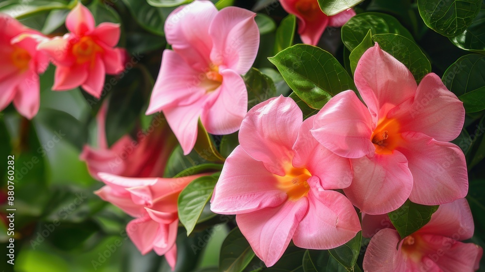 Pink mandevilla flowers with green leaves closeup Pink mandevilla flowers with green leaves closeup