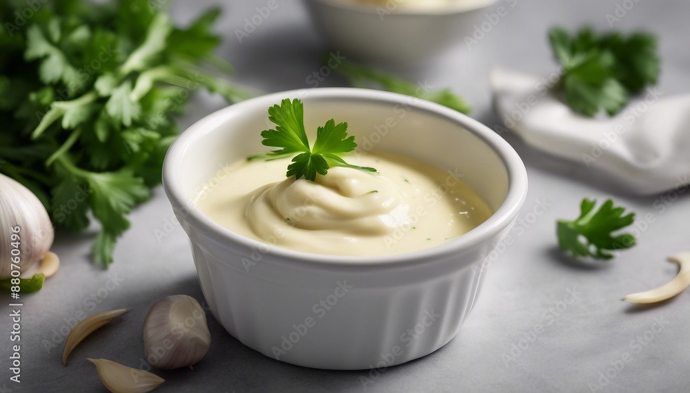 garlic butter sauce in a ramekin, with fresh garlic cloves, ad shot, copy space for text garlic butter sauce in a ramekin, with fresh garlic cloves, ad shot, copy space for text