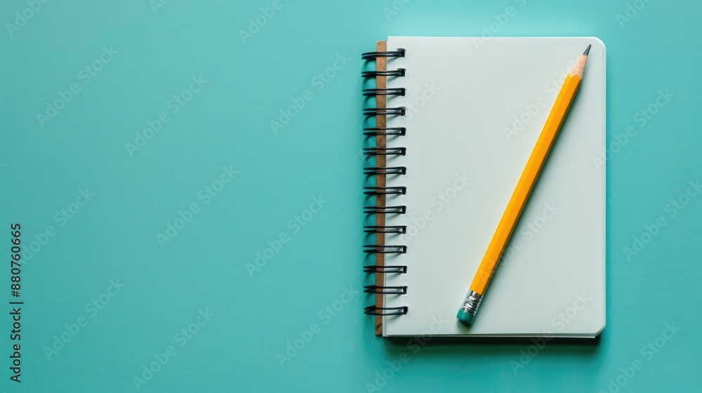 Notebook with pencil on cyan background Notebook with pencil on cyan background