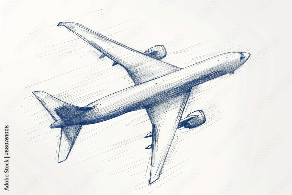 Flying plane sketch in blue pencil Flying plane sketch in blue pencil